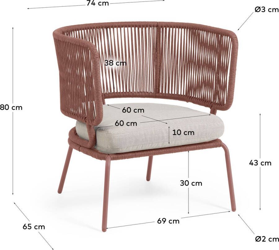 Kave Home Nadin fauteuil in terracotta koord met gegalvaniseerde stalen poten