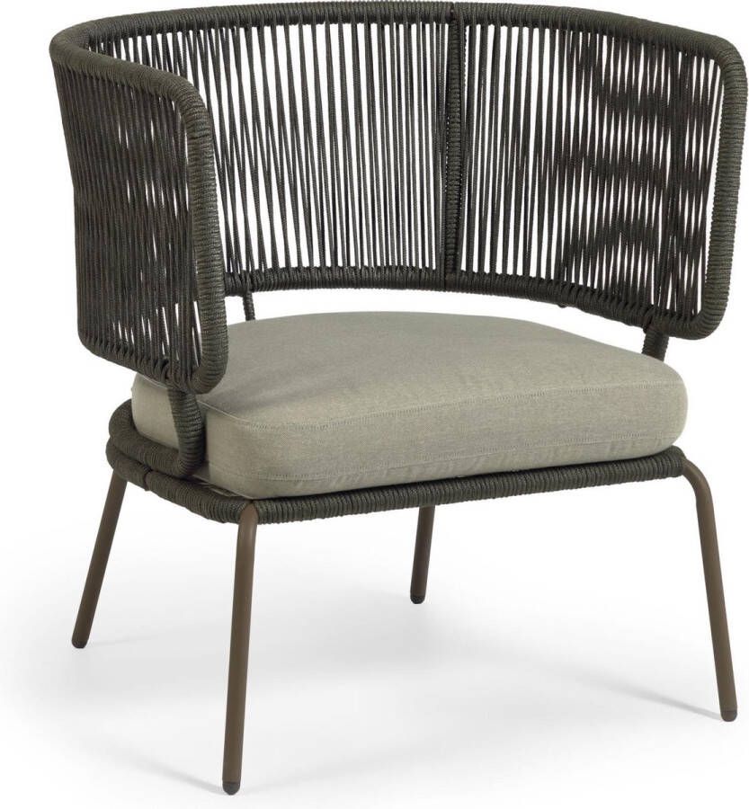 Kave Home Nadin fauteuil in groen koord met gegalvaniseerde stalen poten