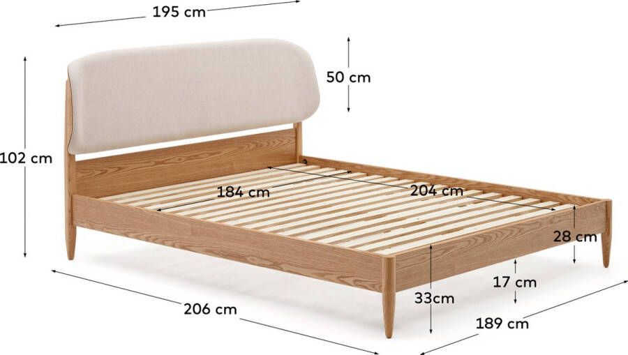 Kave Home Octavia-bed in essen multiplex met wit gestoffeerd hoofdbord 180 x 200 cm