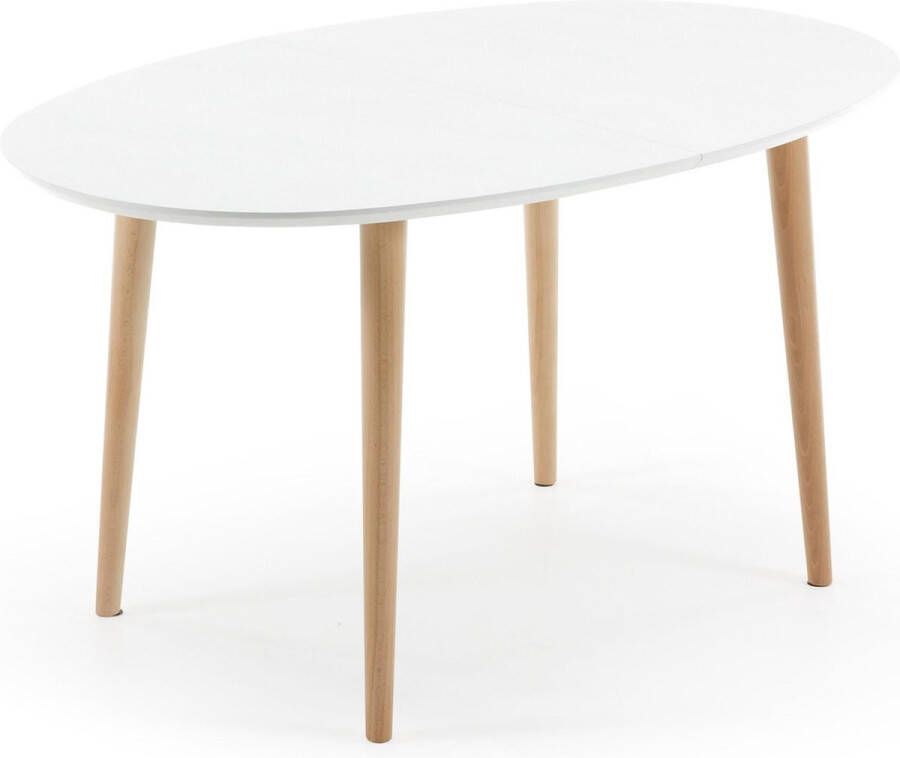 Kave Home Oqui ovale uitschuifbare MDF tafel met witte lak en massief beuken poten 20(220)x90 cm