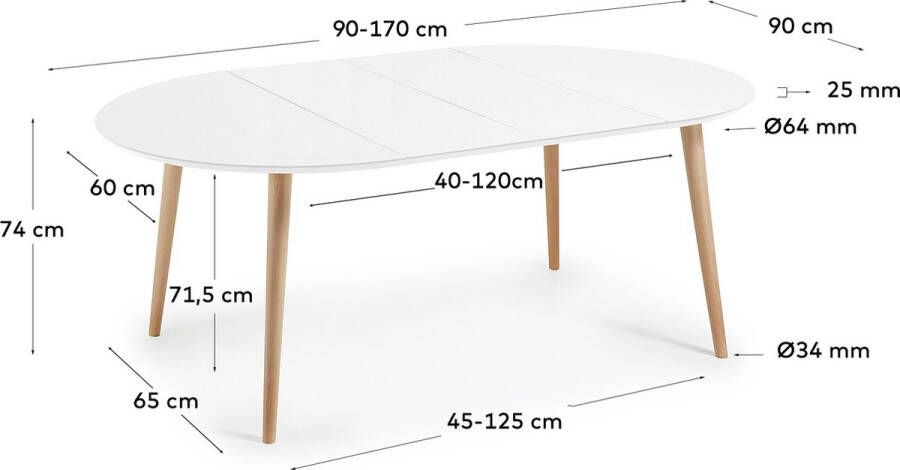 Kave Home Oqui ronde uitschuifbare tafel van wit gelakt MDF en massief beukenhouten poten 90 (170)