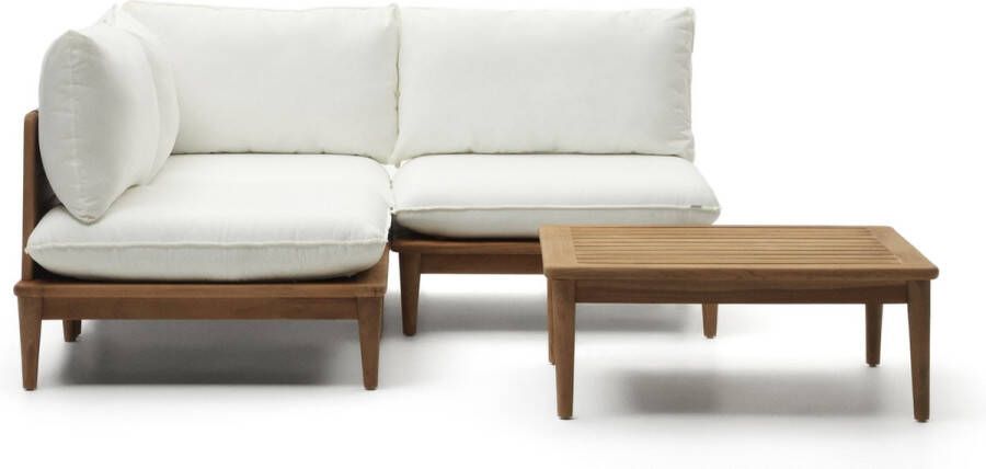 Kave Home Portitxol set van 1 hoekfauteuil 2 modulaire fauteuils en salontafel in massief teakhout