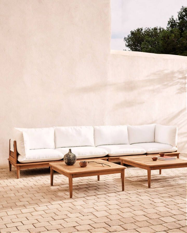 Kave Home Modulaire Loungeset Portitxol Teakhout Met 2 hoekfauteuils 2 fauteuils en 2 salontafels Wit