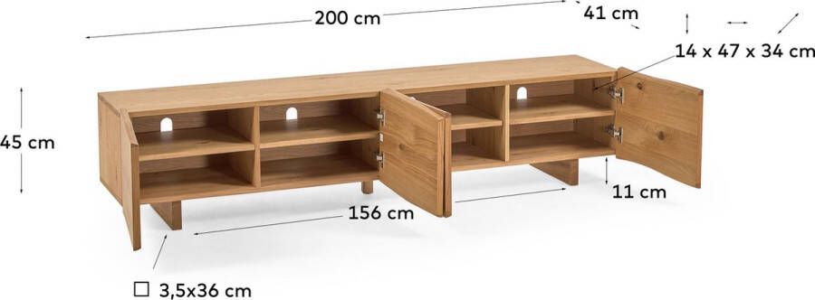 Kave Home Rasha 4-deurs TV-meubel in eikenfineer met natuurlijke afwerking 200 x 45 cm