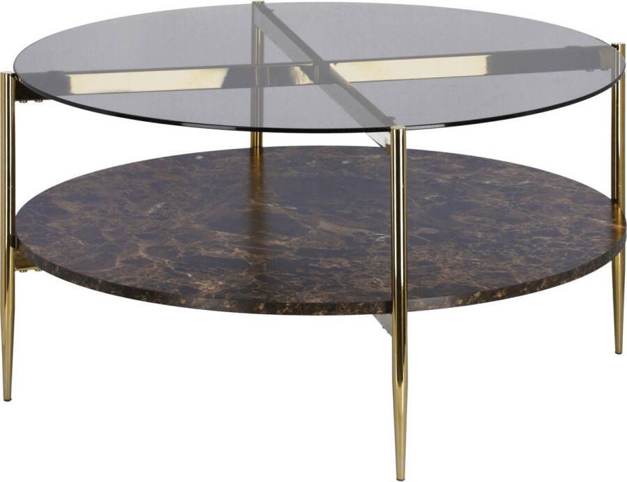 Kave Home Salontafel Kamilah Glas marmerlook en gouden frame Ø84cm Donkergrijs Rond