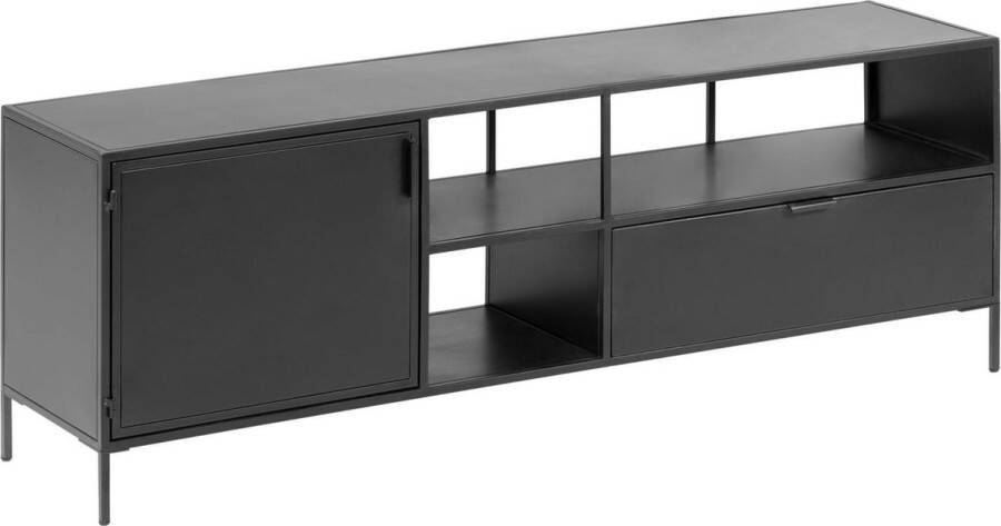 Kave Home Shantay metalen TV-meubel in zwart gelakte afwerking met 1 deur en lade 150 x 50 cm