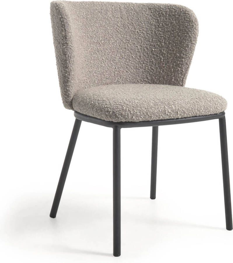 Kave Home Stoel Ciselia in lichtgrijze schapenwol en zwart metaal