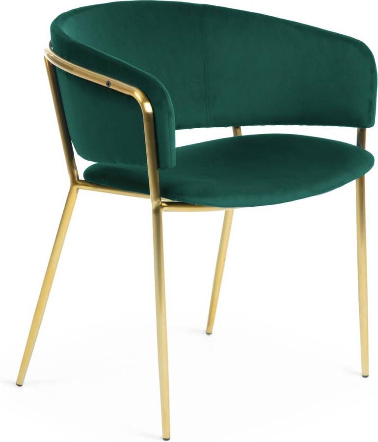 Kave Home Stoel Runnie met fluweel groen en stalen poten met een goudkleurige afwerking