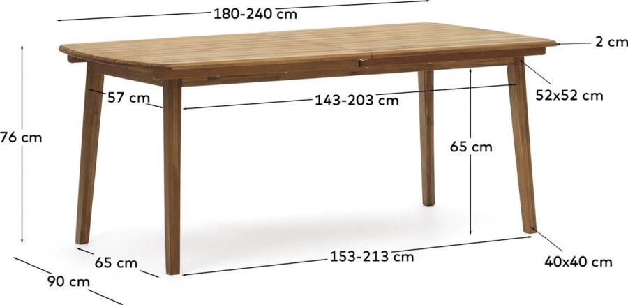 Kave Home Thianna uitschuifbare tuintafel gemaakt van massief acaciahout 180 (240) x 90 cm FSC 100%