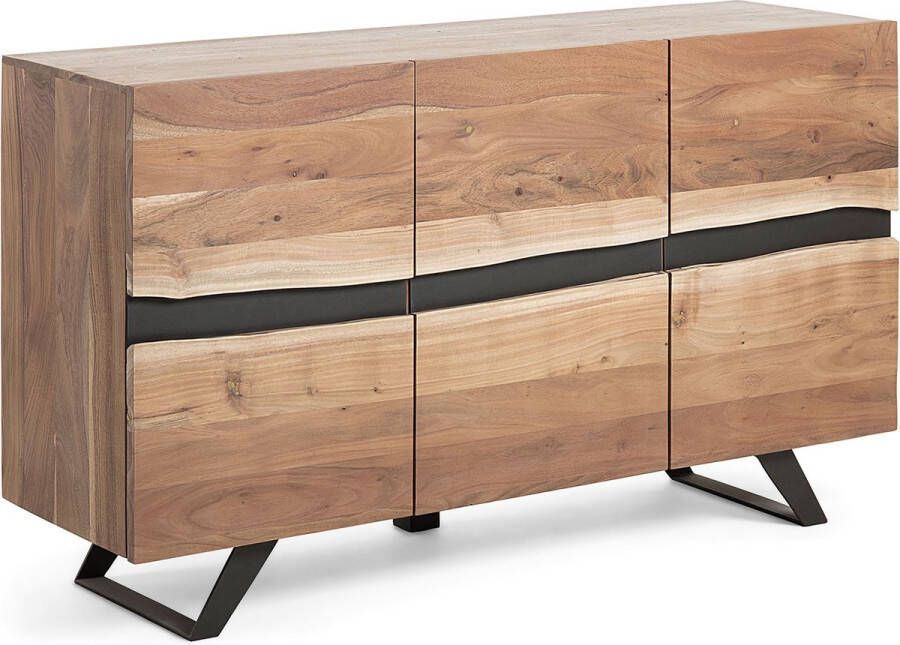 Kave Home Uxia massief acaciahouten dressoir met 3 deuren en zwart gelakt staal 148 x 85 cm