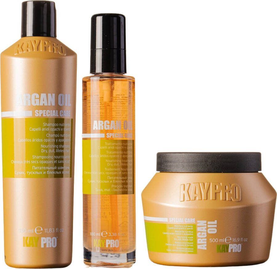 KayPro Argan oil set shampoo 350ml & haarmasker 500ml & haartreatment 100ml bundel ideaal voor het verzorgen van droog dik en beschadigd haar haarverzorging set Geschenkset Giftset Kerstcadeau voordeelverpakking