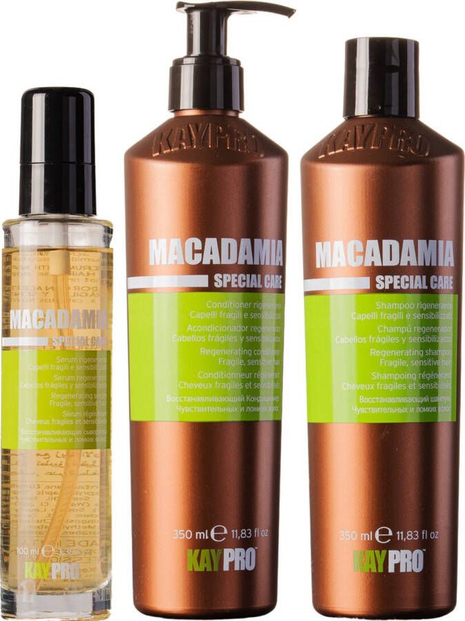 KayPro Macadamia set shampoo 350ml & conditioner 350ml & haarserum 100ml bundel ideaal voor het verzorgen van droog fijn en beschadigd haar haarverzorging set Geschenkset Giftset Kerstcadeau voordeelverpakking