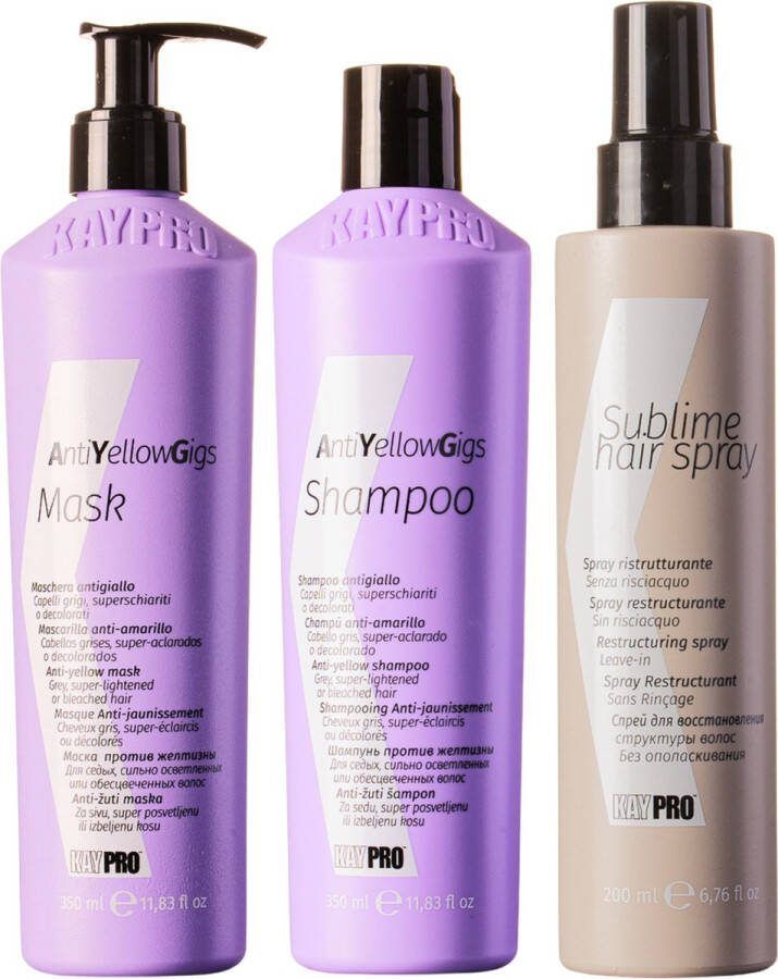 KayPro No Yellow set shampoo 350ml & haarmasker 350ml & sublime haarspray 100ml bundel ideaal voor ontkleurd blond wit of grijs haar haarverzorging set Geschenkset Giftset Kerstcadeau voordeelverpakking