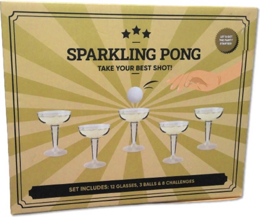 Kazo Sparkling Pong drankspel 12 Herbruikbare plastic glaasjes 3 Ballen 8 Uitdagingen