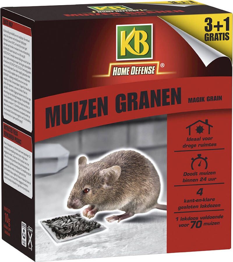 KB Home Defense Muizenlokdoos Magik Grain (granen) Muizenval Muizen granen (10g) voldoende voor 70 muizen 3+1 gratis Muizengif (korrels) Werkt binnen 24 uur