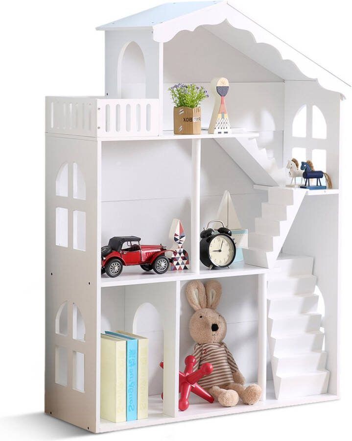Keebies 2-in-1 Houten Poppenhuis Boekenkast Opbergkast voor Kinderen 116x83x30 cm Speelhuisje Wit