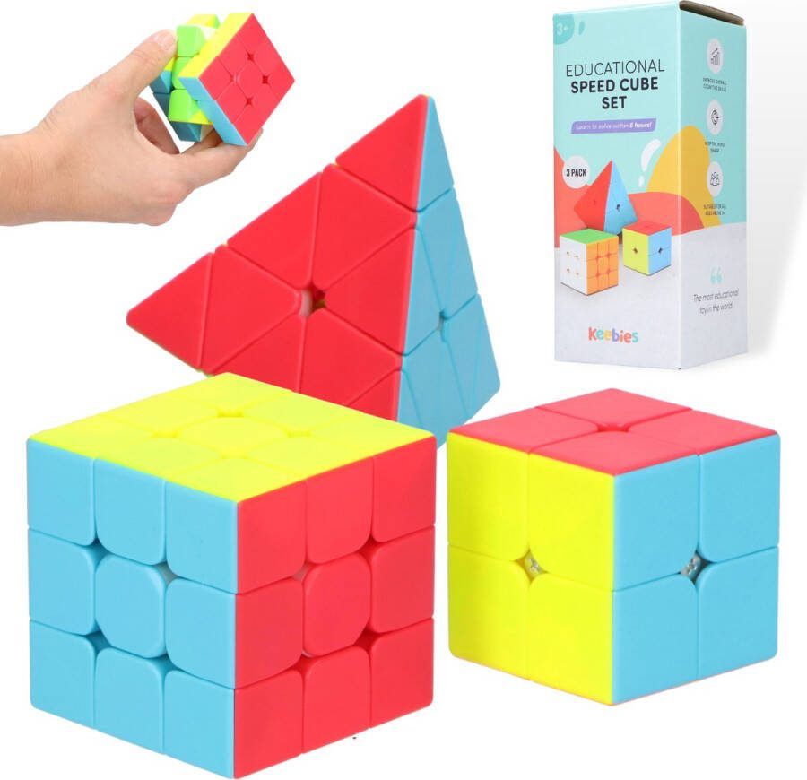 Keebies Rubiks Speed Cube Set 3x3 2x2 Pyraminx Breinbrekers voor Volwassenen en Kinderen Schoencadeautjes Sinterklaas Incl. Solver Oplossen Handleiding 3 Pack