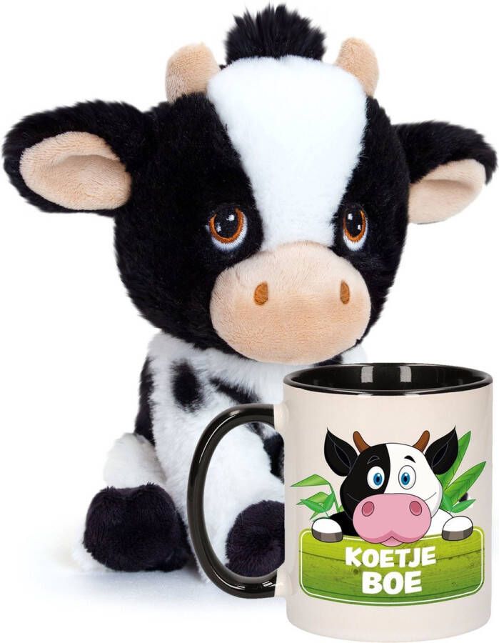 Keel Toys Cadeauset kind Koeien knuffel 18 cm en Drinkbeker mok Koe 300 ml Knuffel boederijdieren
