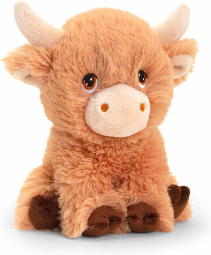 Keel Toys pluche koe met hoorns knuffeldier bruin zittend 18 cm Luxe Eco kwaliteit knuffels