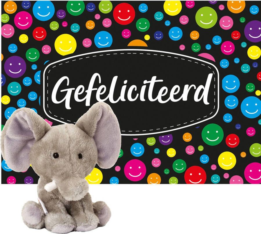 Keel Toys pluche olifant knuffel 14 cm met Gefeliciteerd A5 wenskaart Knuffeldier