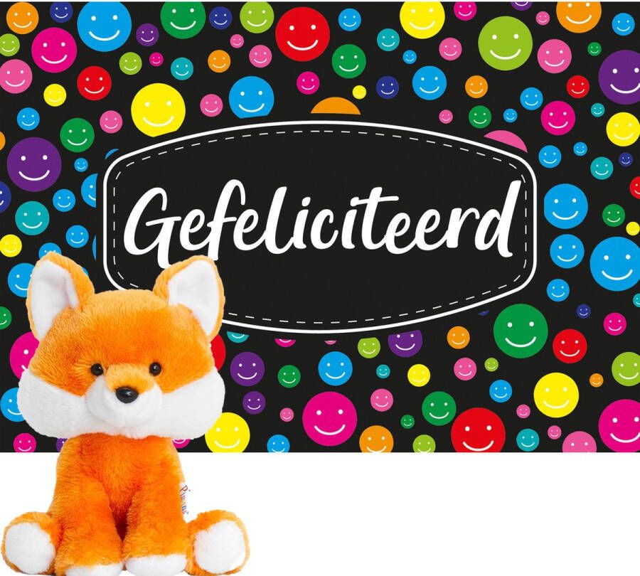 Keel Toys oranje pluche Vos knuffel 14 cm met Gefeliciteerd A5 wenskaart Knuffel bosdieren