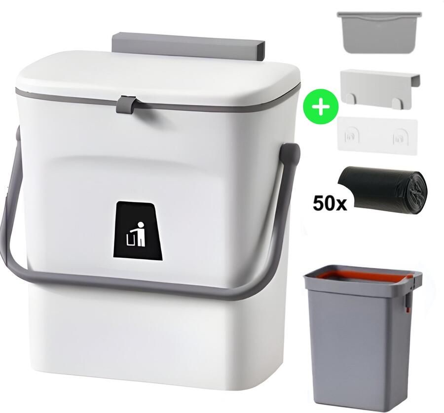 Keep clean 9L afvalbak hangend of staand met hendel Aanrecht afvalbakje met deksel ophang prullenbak met lossen binnen emmer compostbakje 9 liter voor groenten en fruit met hendel