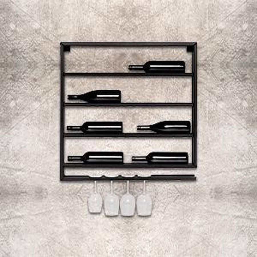 Kek wonen Metalen Wijnrek Muur Zwart Dubbel 8 flessen Inclusief Glazenrek 75 × 75 × 10 cm