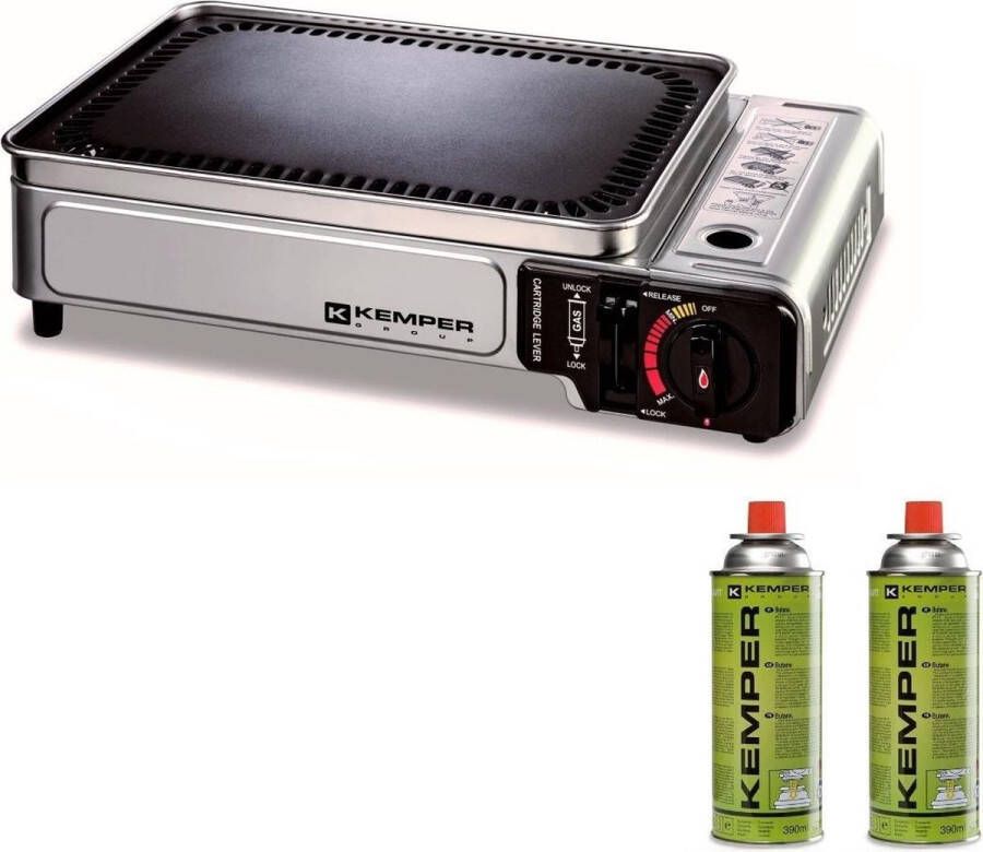 Kemper Smart grill Plancha draagbare gas barbecue Tafelbarbecue Campingkooktoestel incl. 2 gasflessen