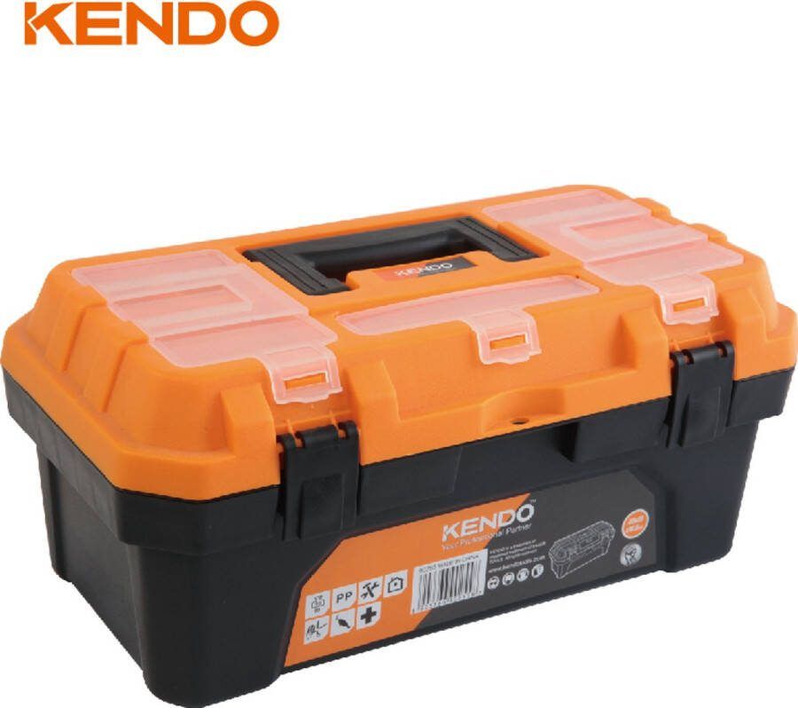 Kendo Gereedschapskoffer polypropyleen 1 vaste en 3 uitneembare organizers in het deksel inklapbaar handvat kunststof sluitingen zwart oranje 47 x 23 x 22 cm