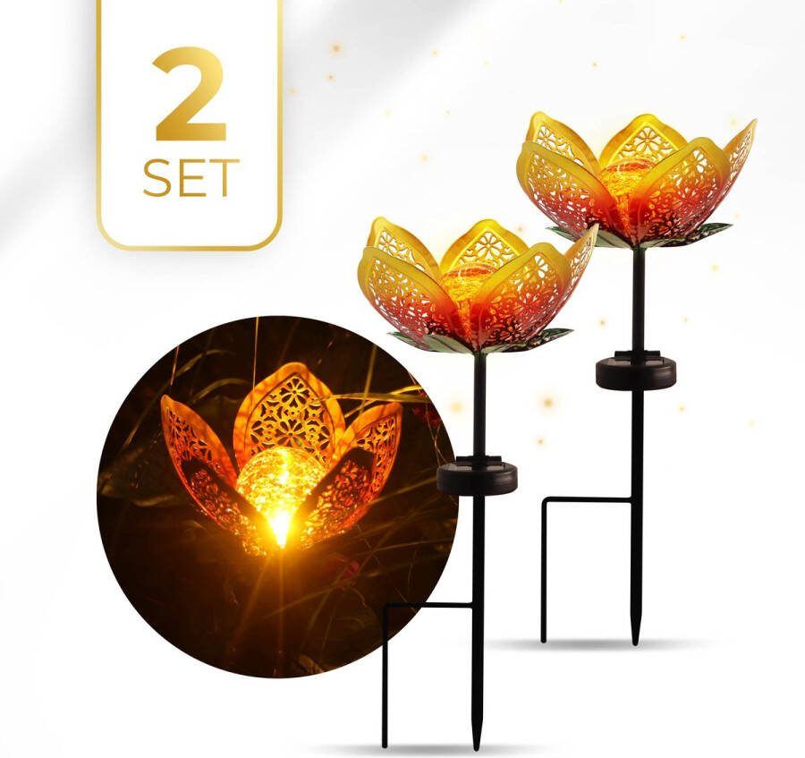 KENN Tuinverlichting op Zonne-Energie Set van 2 Ijzeren Bloemen Inclusief Grondspiezen 40cm 100% Waterdicht Vuurvliegjes Tuinverlichting op Zonne-energie Padverlichting Solar Buitenlamp Vuurvliegjes Tuinverlichting