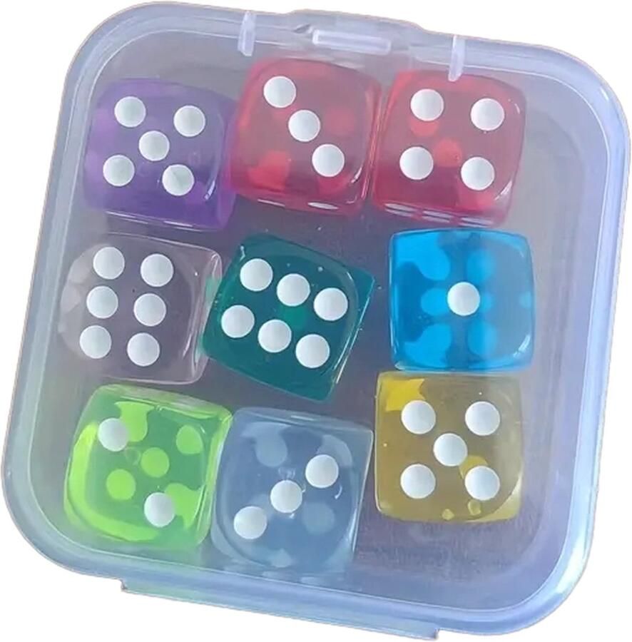 KEPO Dobbelstenen 9 gekleurde dobbelstenen in transparant doosje
