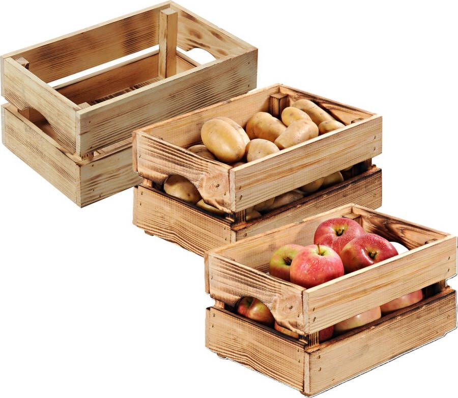 Kesper Fruitkisten opslagbox 3x old look lichtbruin hout L40 x B30 x H23 cm Decoratie huis en tuin Kisten kistjes