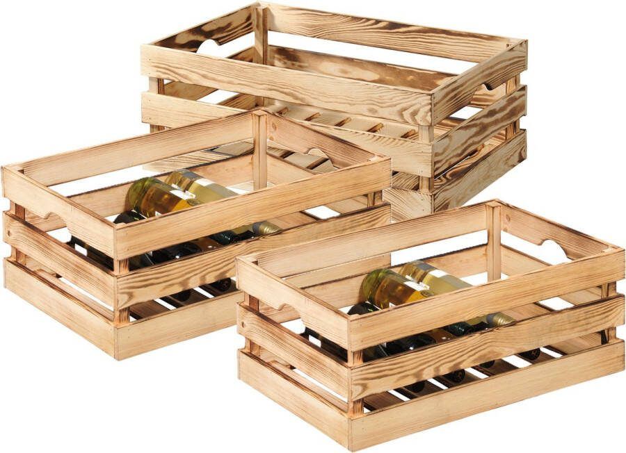 Kesper Fruitkisten opslagbox 3x old look lichtbruin hout L58 x B39 x H24 cm Decoratie huis en tuin Kisten kistjes