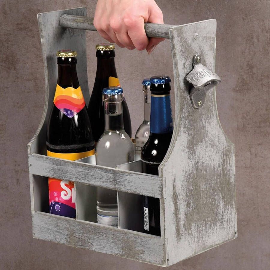 Kesper FSC Houten Bierkrat met Bierflessen opener Bier Flessenhouder voor 6 flessen met opener Bier butler Bierkrat Flessen Drager Bier Krat Afm. 25 x 16 8 x 32 Cm