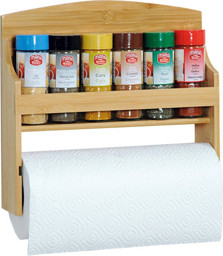 Kesper FSC Houten Kruidenrek & Keukenrolhouder Muur wand montage 2in1 Keuken Rol houder & Kruiden Organizer INCLUSIEF 6x Gevulde Kruiden potjes