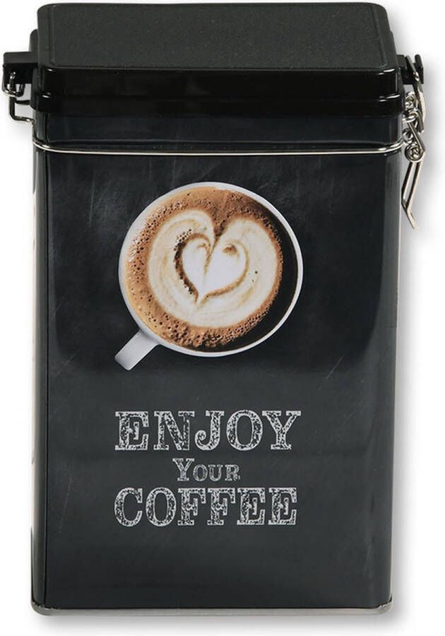 Kesper Koffie bewaarblik voor bonen en gemalen koffie Enjoy your coffee metaal zwart clipsluiting 14 x 8 x 19 cm luchtdicht