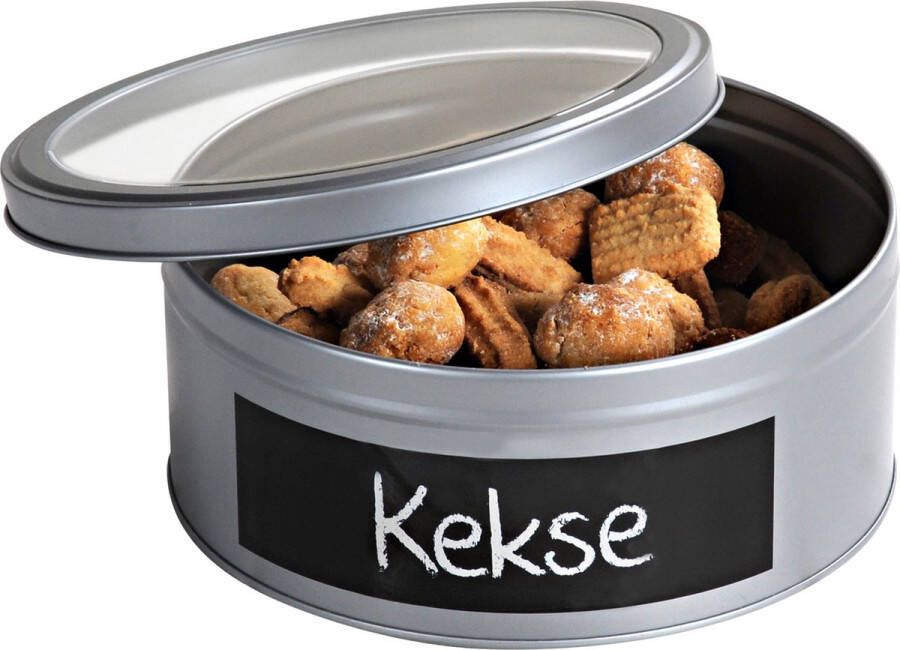 Merkloos Sans marque Zilver rond koekblik opbergblik bewaarblik 20 cm met krijtbord Zilveren voorraadblikken koekblikken Snoeptrommels koektrommels