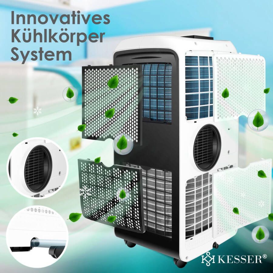 Kesser Airconditioner Mobiele Airco 4in1 koelen ontvochtigen ventileren ventilator 12.000 BTU h (3.500 Watt) 3 5 KW Airconditioner met bevestigingsmateriaal afstandsbediening en timer nachtmodus (EEK: A) Wit Zwart