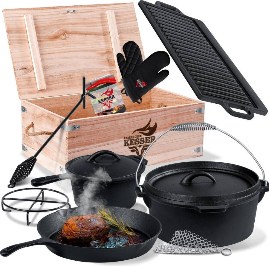 Kesser Dutch Oven Gietijzeren Set 10-delig in Houten Kist met Barbecuepan 3 6L Braadpan Sauspan Grillplaat en Veel Accessoires Zwart