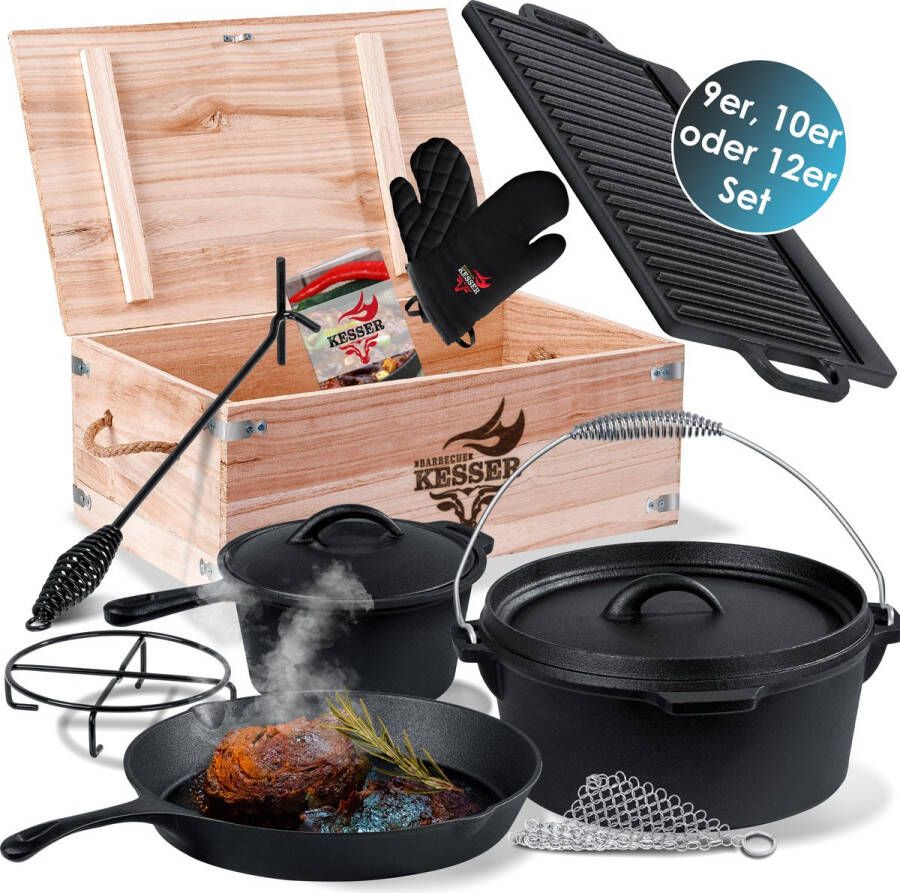 Kesser Dutch Oven Gietijzeren Set 12-delig in Houten Kist met Barbecuepan 3 6L Braadpan Sauspan Grillplaat en Veel Accessoires Zwart