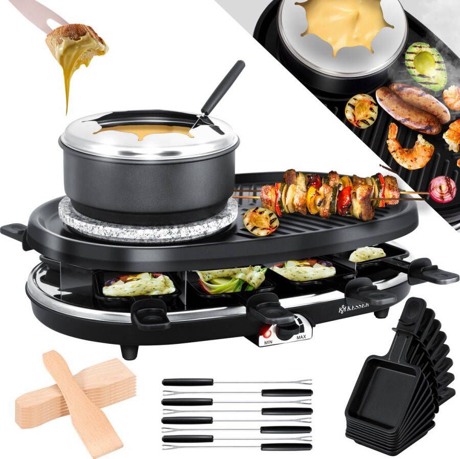 Kesser Gourmetstel 3in1 Raclette Grill met natuurlijke grillplaat en fondue Gourmetset tafelgrill voor 8 personen elektrische Grill anti-aanbak bakplaat 8 pannetjes en houten spatel incl.Fondue