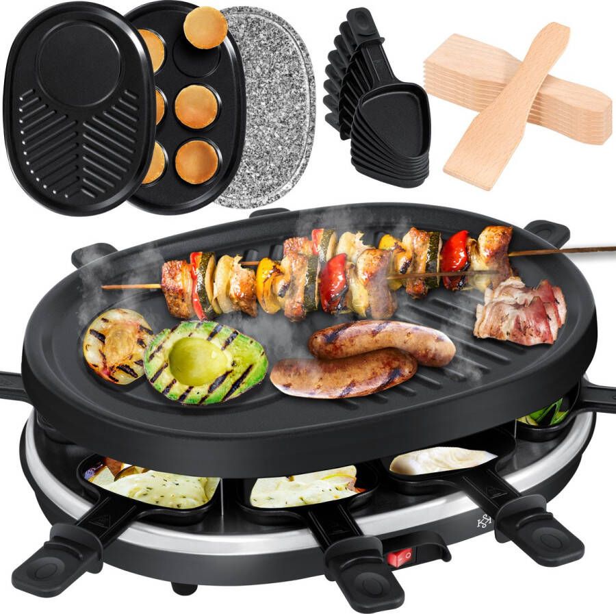 Kesser Gourmetstel met natuurlijke Grillplaat Gourmet en Raclette Set voor 8 personen Bakplaat Tafelgrill elektrische Grill met 8 pannetjes houten spatel en 3 platen