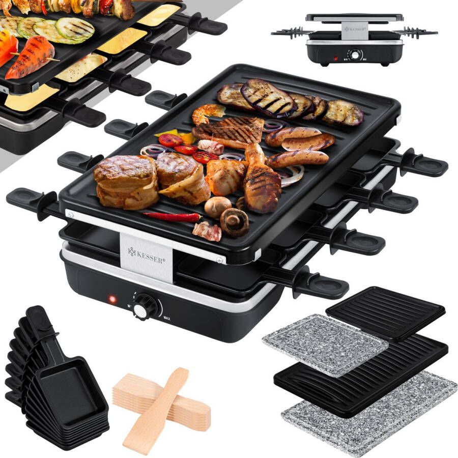 Kesser Gourmetstel met natuurlijke Grillplaat Gourmetset voor 8 personen elektrische Grill Bakplaat Raclette met antiaanbaklaag 8 pannetjes en houten spatel Zwart 1200W