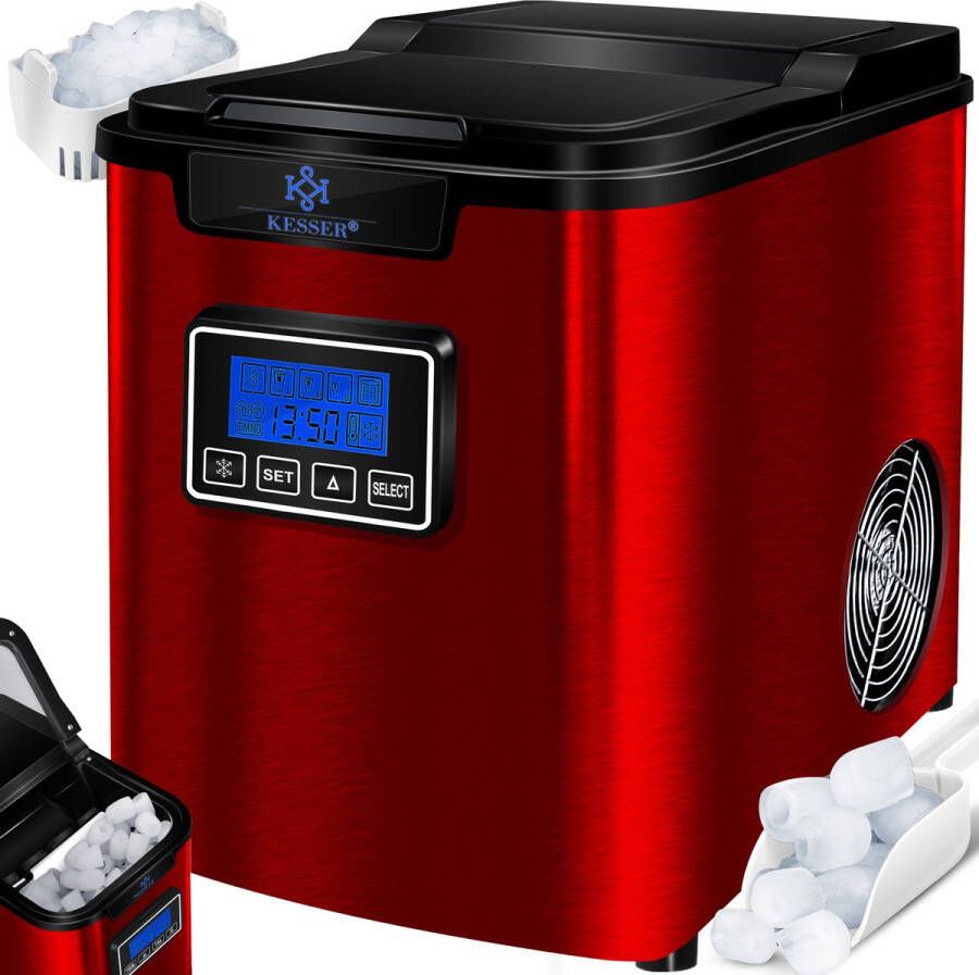 Kesser Ice Maker 150W Ice Cube Maker IJsblokjesmachine IJsblokmaker 12 kg 24 h 3 blokjesformaten Bereiding in 7 min Waterreservoir van 2 liter Timer LCD-display Zelfreinigingsfunctie Rood