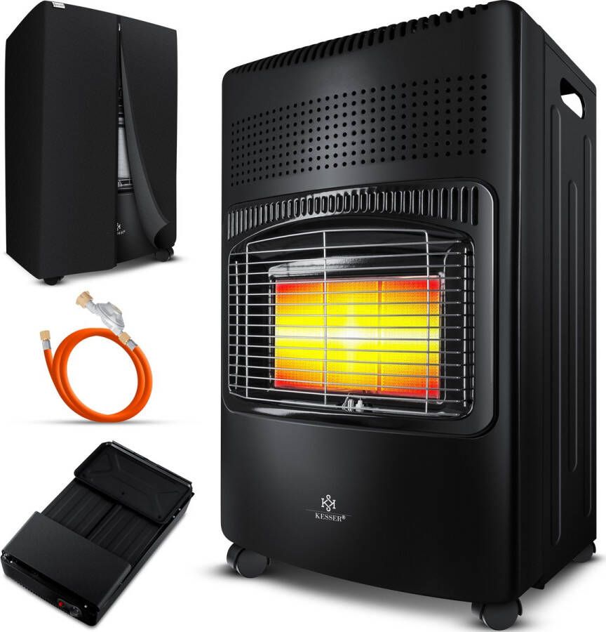 Kesser keramische Gaskachel 4200 Watt Gas Verwarming inclusief gasdrukregelaar gasslang + beschermhoes mobiele Kachel Gas Heater Terras Verwarmer butaan- of propaangasflessen tot 15kg Zwart