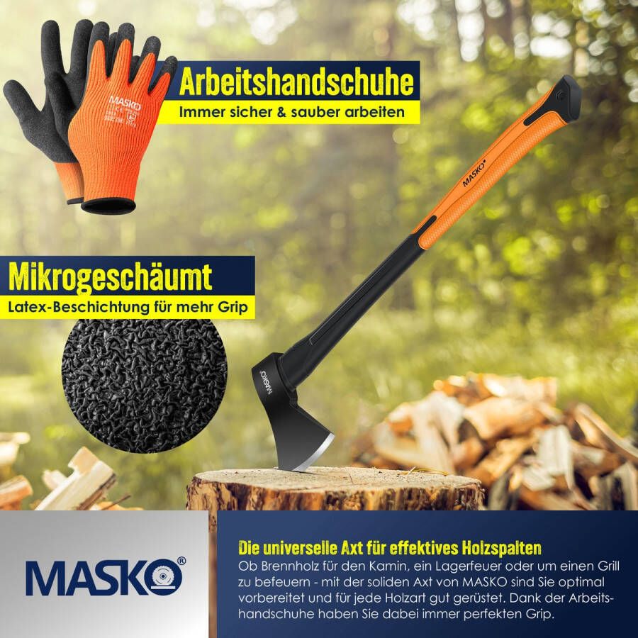 Kesser MASKO Bijl Glasvezelsteel Handbijl + Gloves Robuust Duurzaam Roestvrij Staal Houtbijl Universeel Hybrid-Bijl Zwart-Oranje 1000 g 60 cm