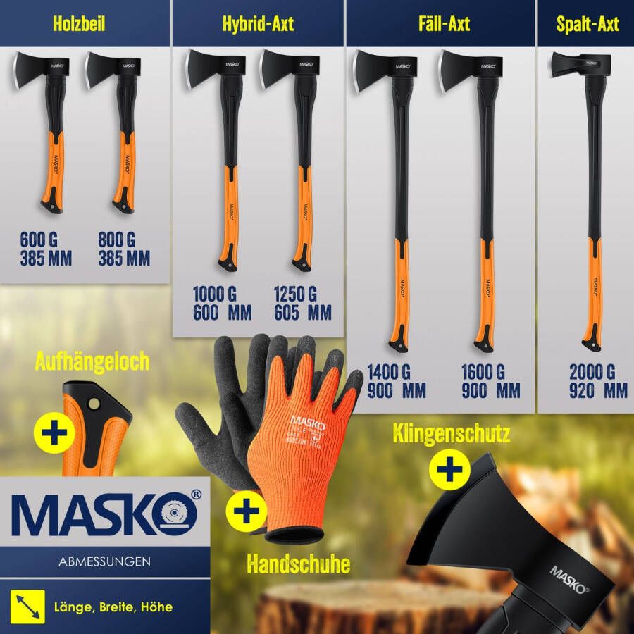 Kesser MASKO Bijl Glasvezelsteel Handbijl + Gloves Robuust Duurzaam Roestvrij Staal Houtbijl Universeel Hybrid-Bijl Zwart-Oranje 1250 g 60 5 cm