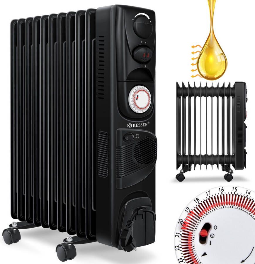 Kesser Oliegevulde Radiator 2500W Elektrische Verwarming Olieradiator met Electrische Ventilatorkachel Zwart 11 Ribben