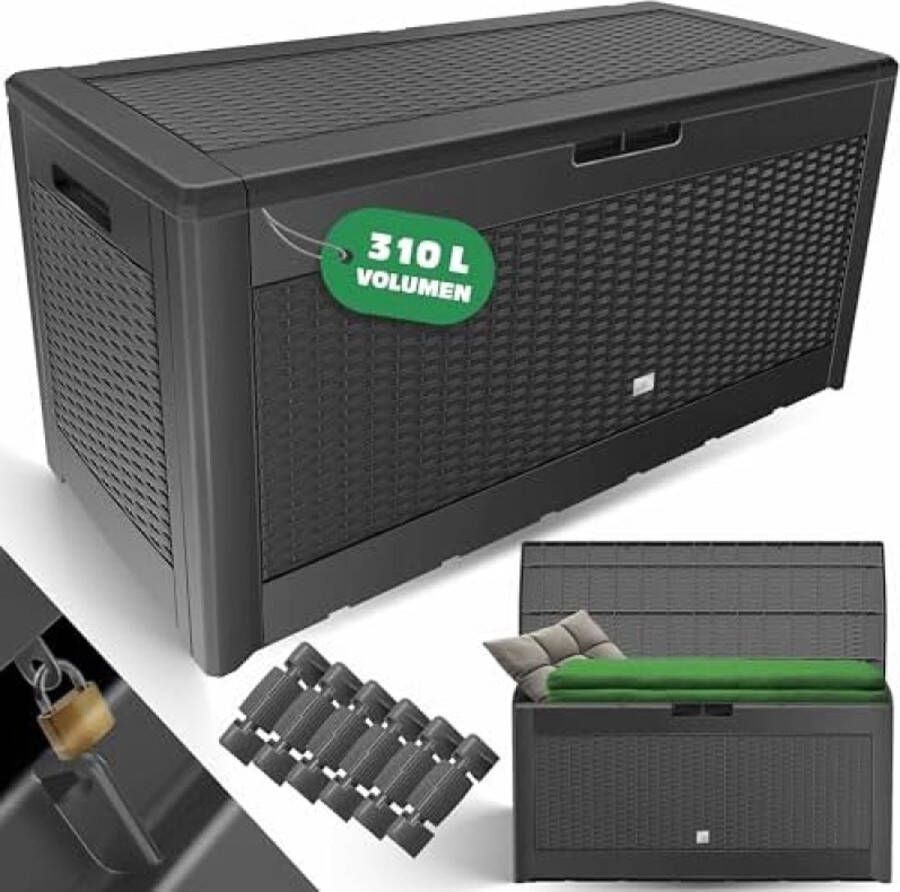 Kesser Opbergbox kussenbox 310 liter met wielen inklapbaar deksel handgrepen rotanlook tuinbox