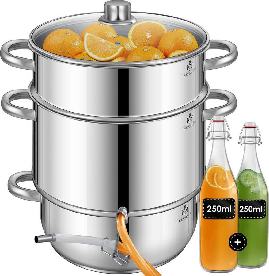 Kesser Stoompan 15 liter Steamer inclusief 2x Fles voor Fruit en Groenten Sapcentrifuge Stoompot Stoomextractor Groentestomer Zilver